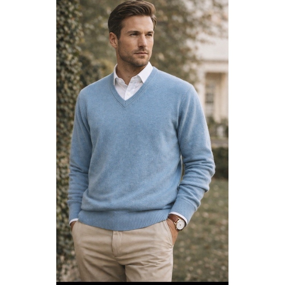 Daniel Cremieux Mens XL Blue V-Neck 100% Cashmere Sweater Signature Collection
